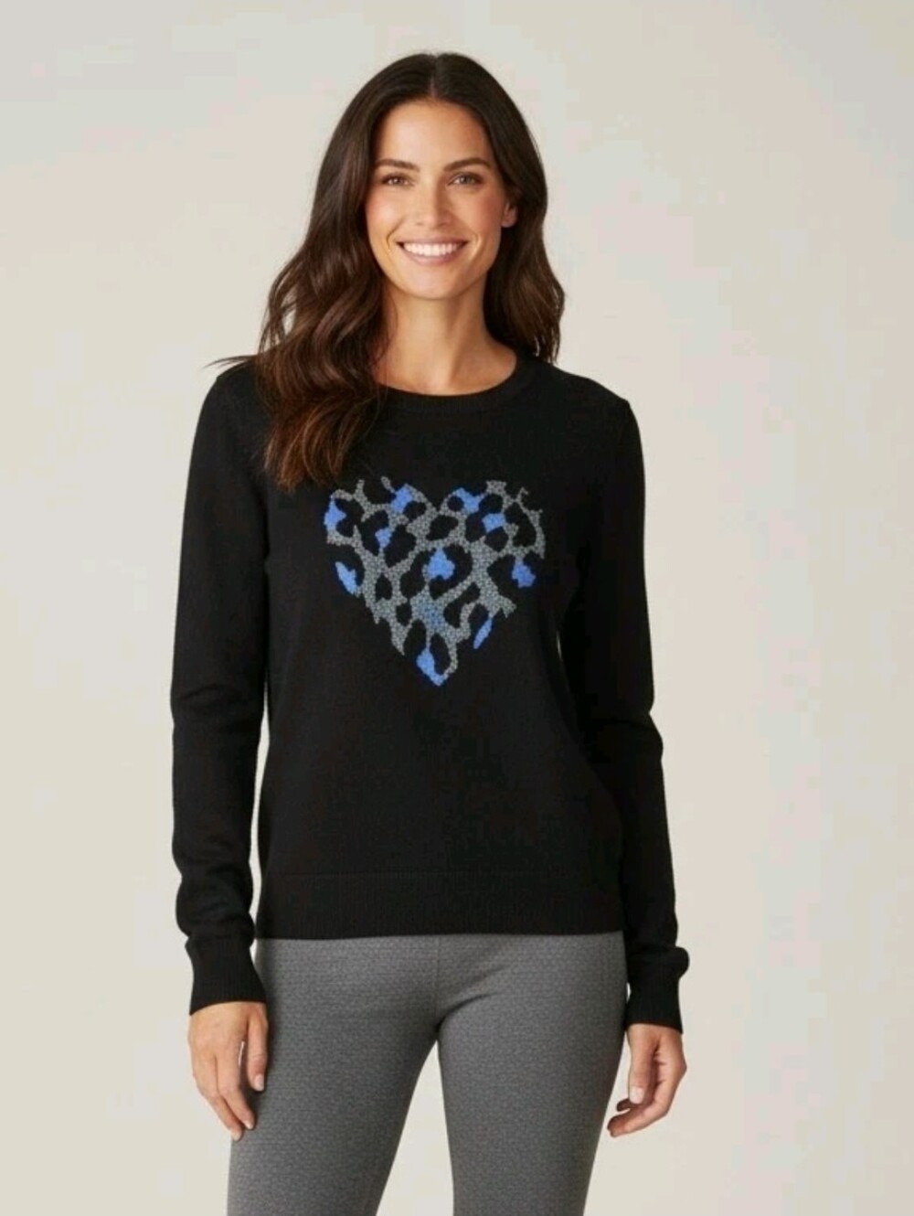 Kate Spade Leopard Heart Sweater Womens L Black Cotton Silk Wool Knit Casual